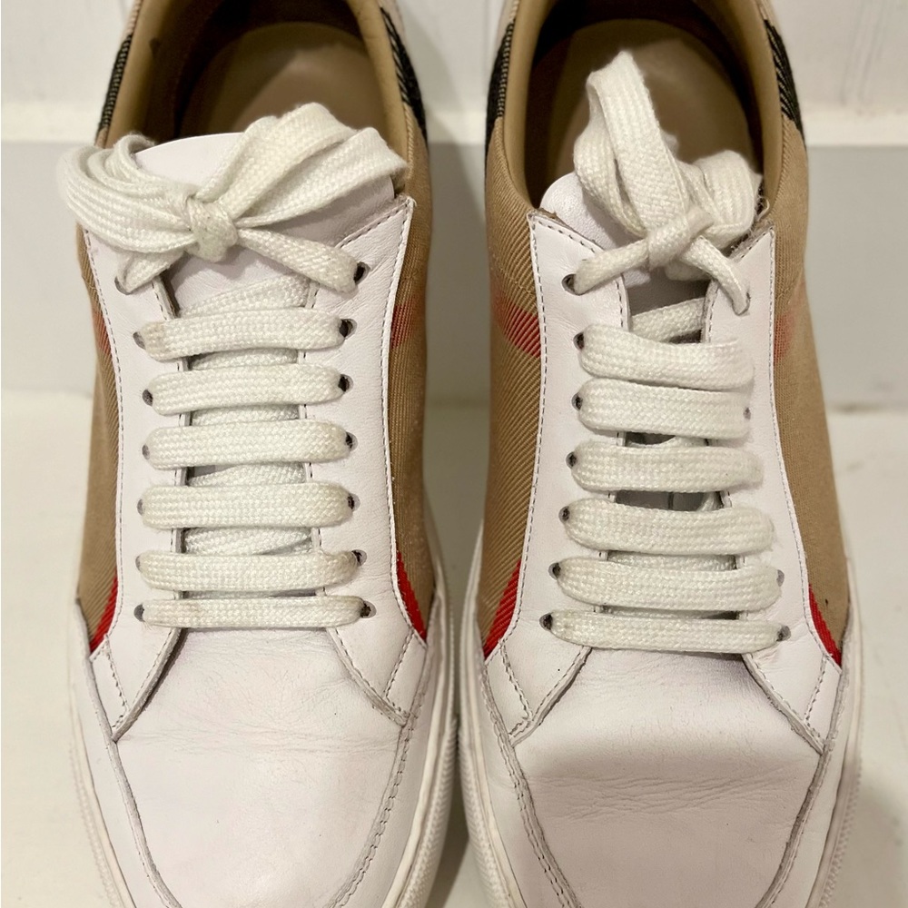 Burberry Check and leather sneakers in optic white.